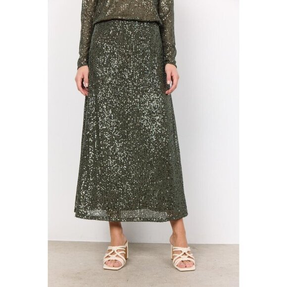 NWT SOYA CONCEPT Nanette 3 Chic Olive Green Glam Sequin Skirt - Picture 3 of 7